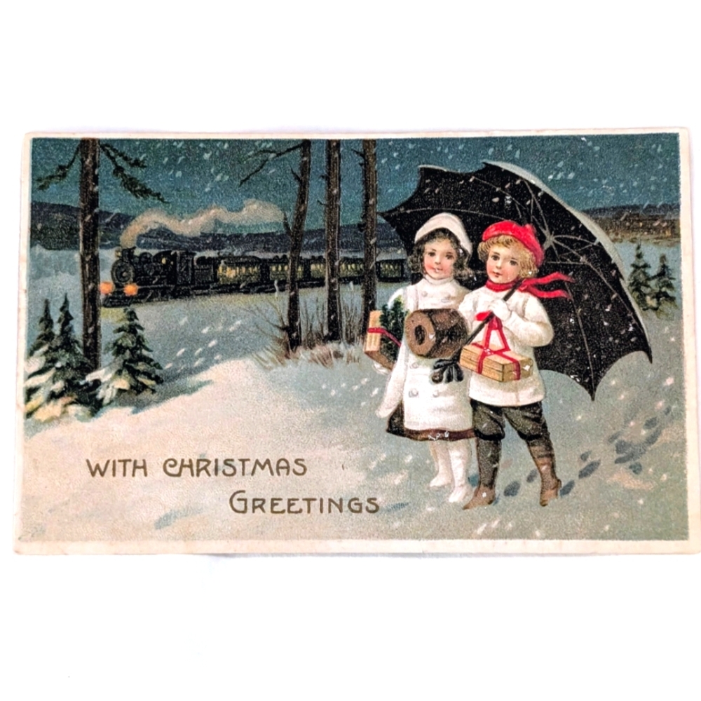 Vintage Christmas Postcard Children in Snow Train Holiday Greetings